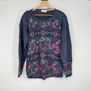 Paris Sport Hand Knit Blue‎ Floral Sweater Cottagecore Vintage Size S Grandma